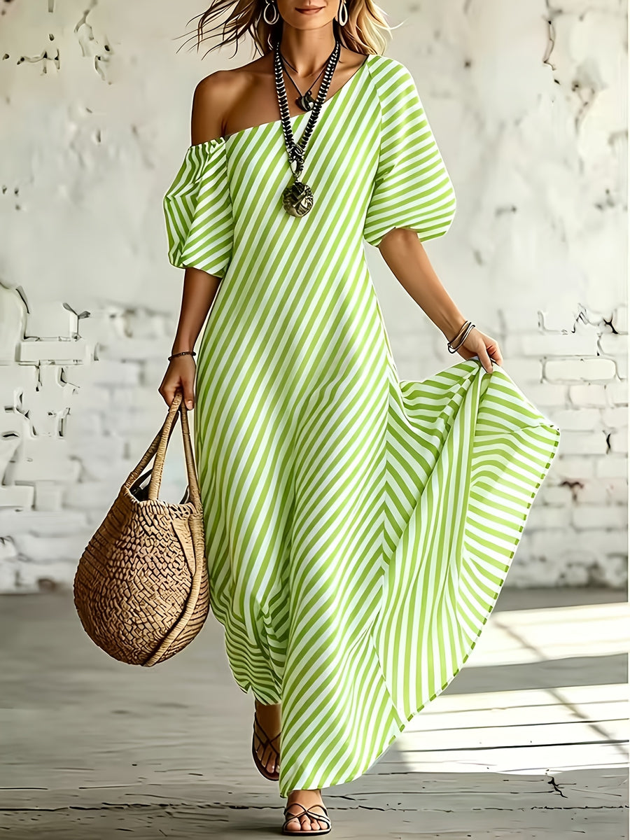 Women'S Elegant Asymmetrical Shoulder Stripe Long Dress, Summer Bohemian Vacation Loose Short Sleeve Maxi Skirt - Yellow-green