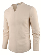 Spring New Men'S Long Sleeve Shirt Solid Color Loose Casual Soft Shirt Basic Daily Fashion V-Neck Men'S Top - Khaki