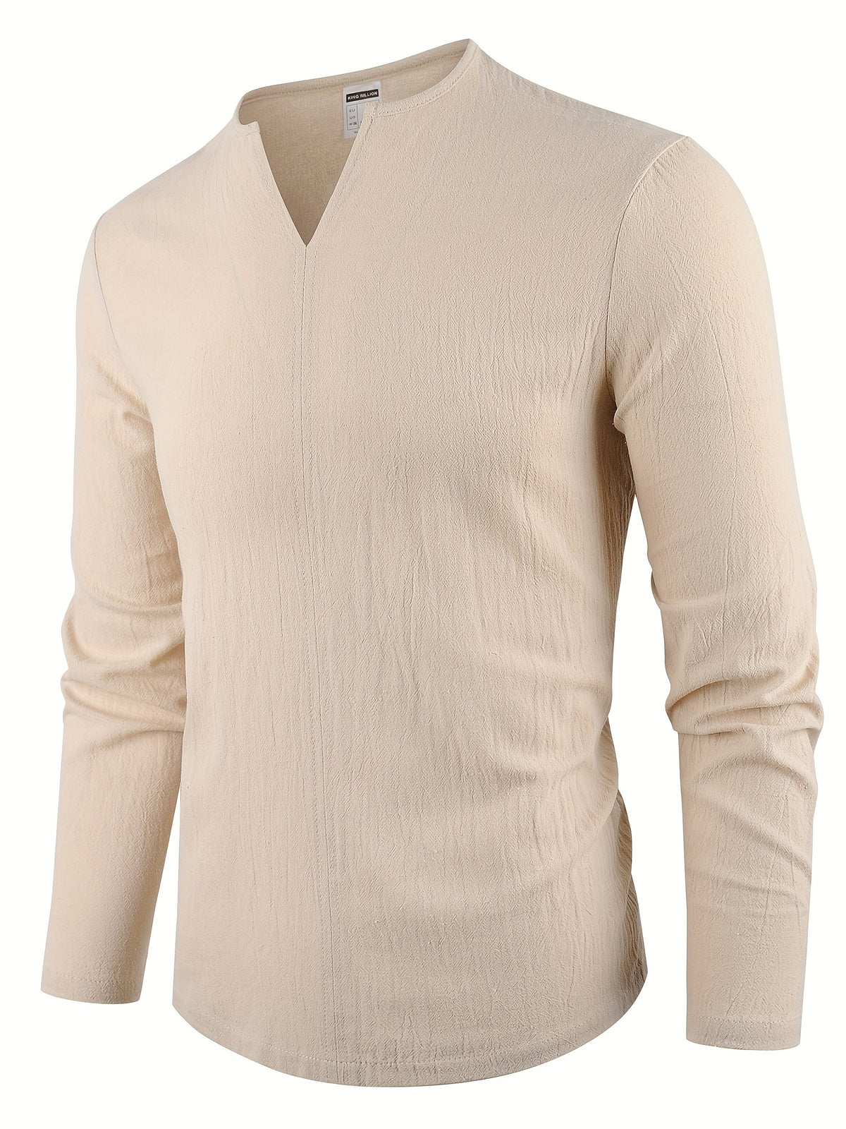 Spring New Men'S Long Sleeve Shirt Solid Color Loose Casual Soft Shirt Basic Daily Fashion V-Neck Men'S Top - Khaki