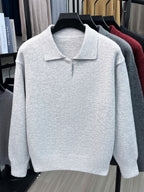 Single-piece Mature Business Men's Polo Shirt, Men's Polo Collar Knit Top, Half-Button Placket Design, Fine and Soft Knitted Texture, Ribbed Cuffs and Hem, Simple Commuting Vintage Style, Suitable for Spring, Autumn, and Winter Wear - White and Grey