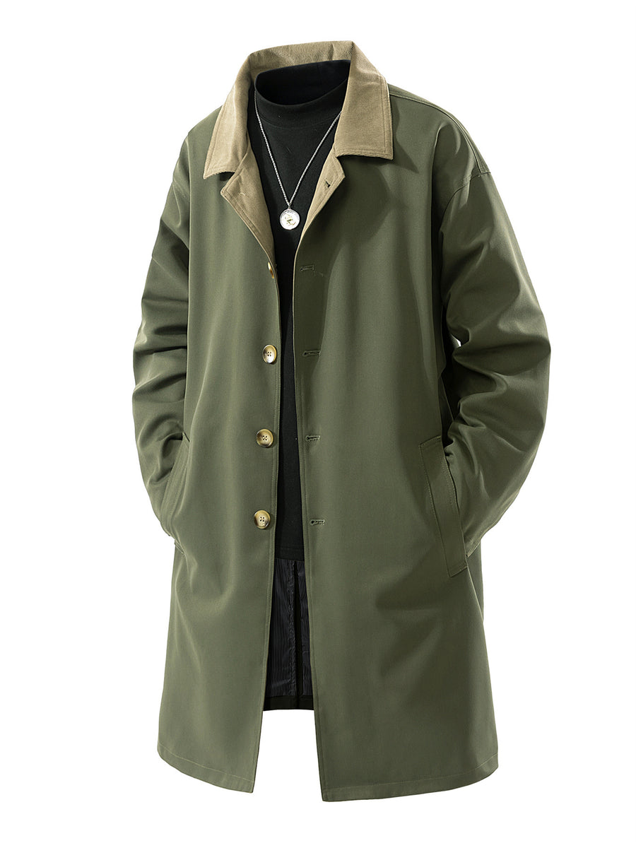 Men's Draped Color-Block Lapel Trench Coat, Spring/Autumn Loose Fit Mid-Length Over-the-Knee Coat, Simple Single-Breasted Casual Commuter Vintage Workwear Jacket, Plus Size Trench Coat, Versatile Autumn/Winter Outerwear - Army Green