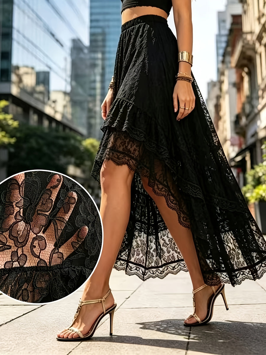 Women's Skirt, Asymmetrical Hem, Ruffled Layered Lace Trim Skirt, Vacation Wear, Black Opaque Long Skirt, Party Banquet Wear, Birthday Outfit, Wedding Guest Attire, Easter Outfit, Carnival Costume, Christmas Outfit, Valentine's Day Wear - Black