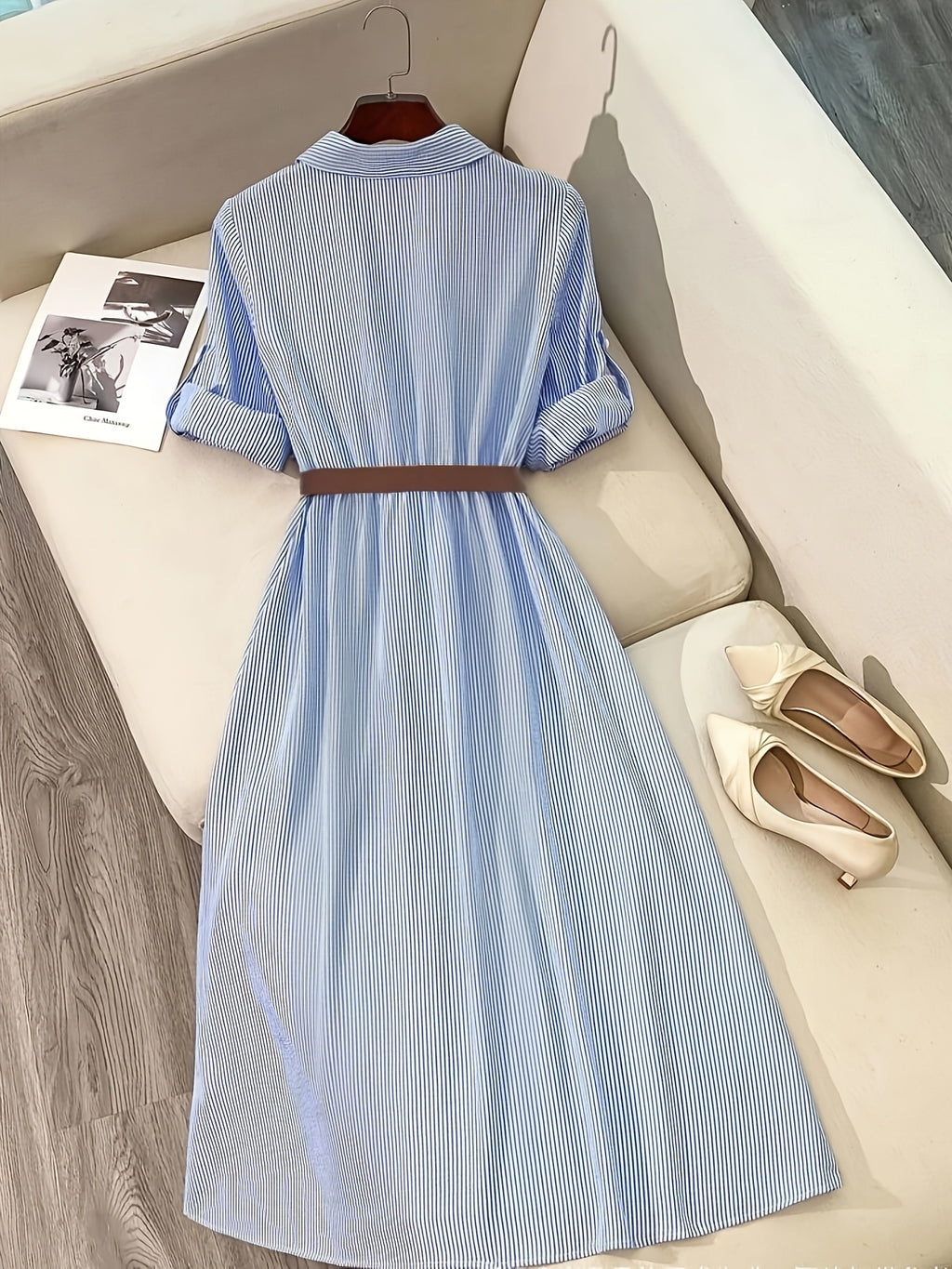 Women'S Fashion Commuter Casual Lapel A-Line Striped Dress, Suitable for Daily Office Wear - Blue