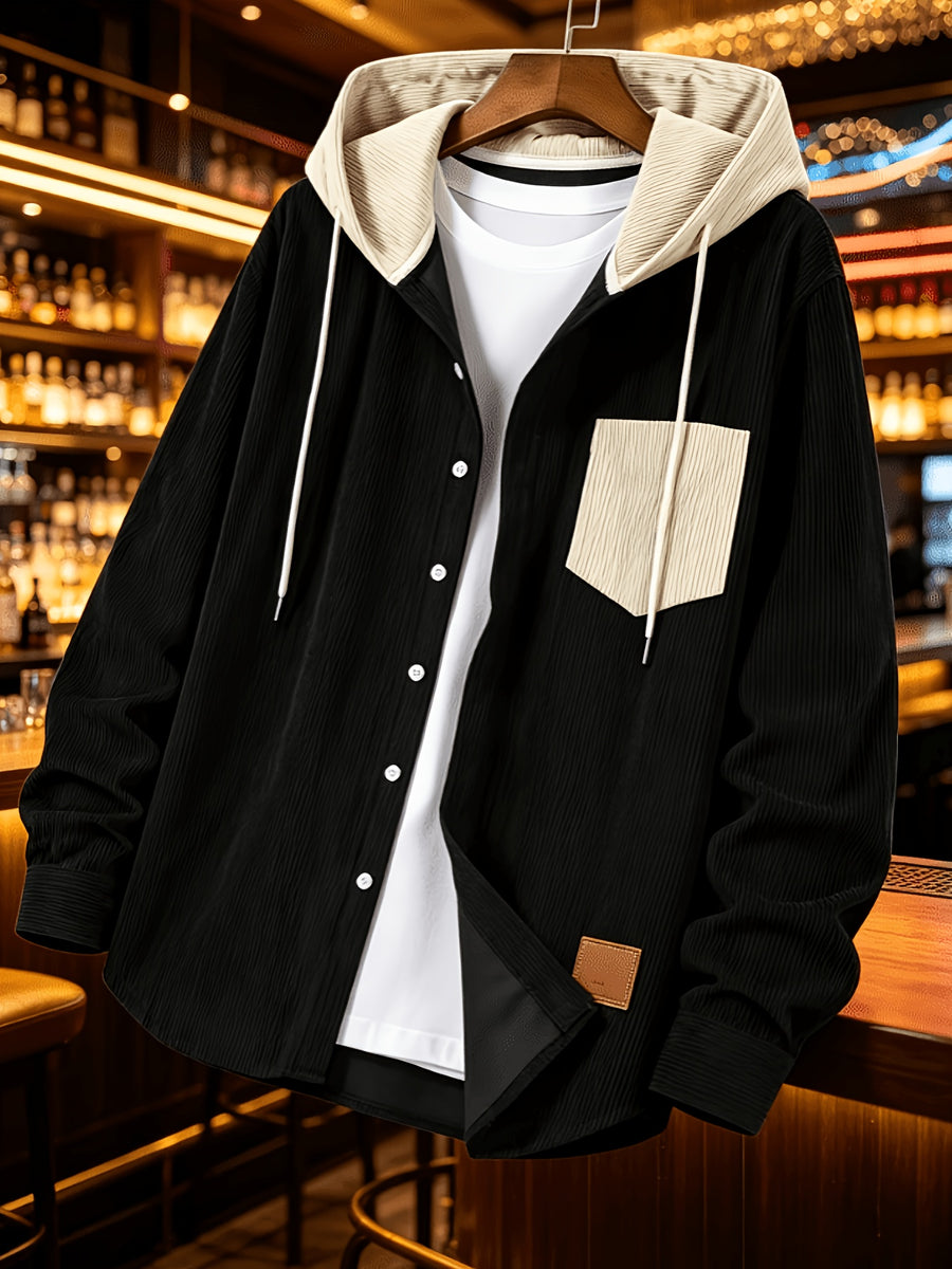 Men'S Fashion Corduroy Hooded Long Sleeve Shirt, Men'S Casual 3pcs Set Hooded Top Shirt - Black Plus Brown Plus Blue