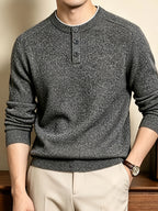 Men'S Henley Collar Knit Pullover Sweater, Half-Button Placket Design, Contrast Edge Trim Neckline Casual Easy Knit Top - Deep Gray