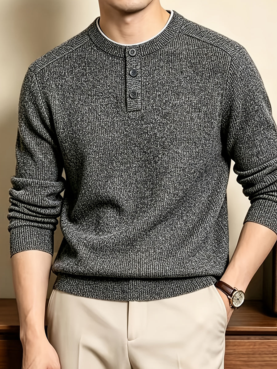 Men'S Henley Collar Knit Pullover Sweater, Half-Button Placket Design, Contrast Edge Trim Neckline Casual Easy Knit Top - Deep Gray