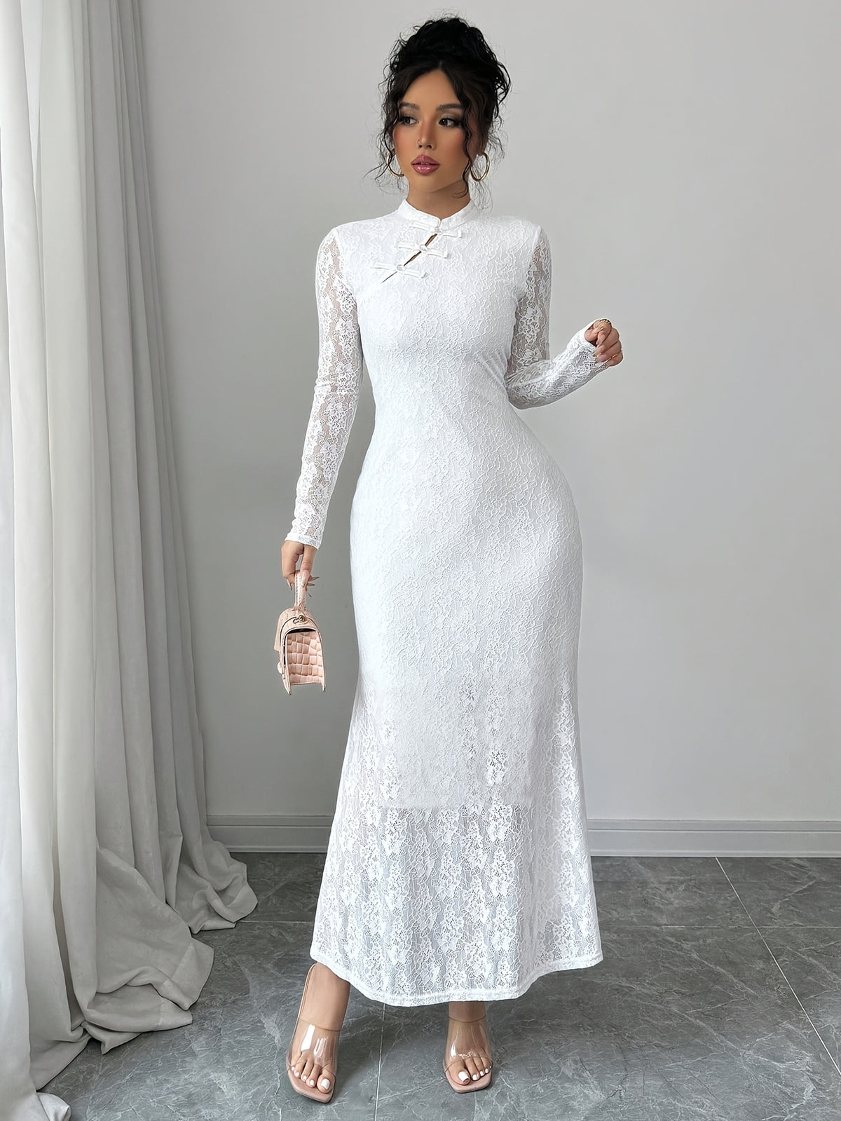 Elegant New Chinese Style White Lace Cheongsam Long Dress, Stand-up Collar with Mandarin Buttons, Semi-Sheer Slim-Fit Hip-Hugging Mermaid Skirt, Light Wedding Gown, Bridesmaid Evening Fairy Gown, Formal Dress, Guest Attire - Ivory White