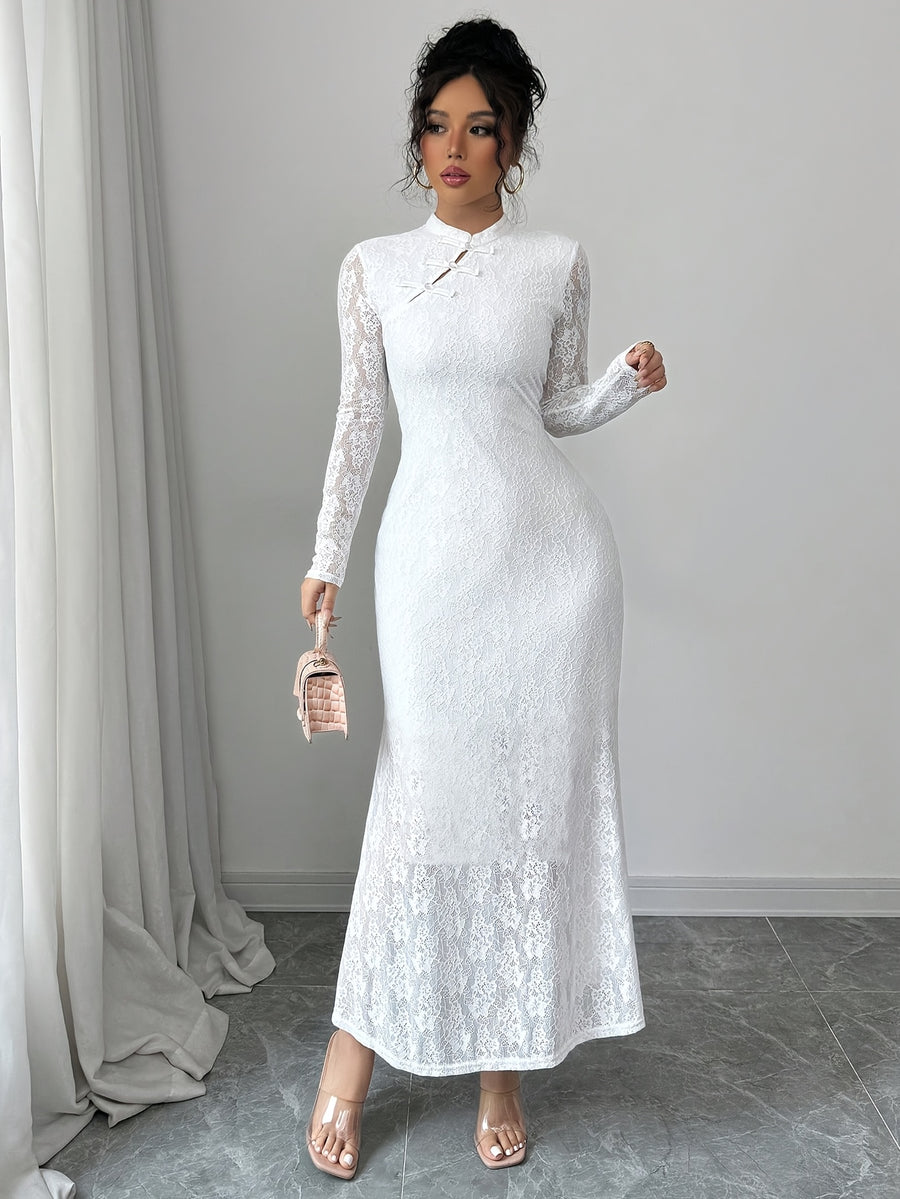 Elegant New Chinese Style White Lace Cheongsam Long Dress, Stand-up Collar with Mandarin Buttons, Semi-Sheer Slim-Fit Hip-Hugging Mermaid Skirt, Light Wedding Gown, Bridesmaid Evening Fairy Gown, Formal Dress, Guest Attire - Ivory White