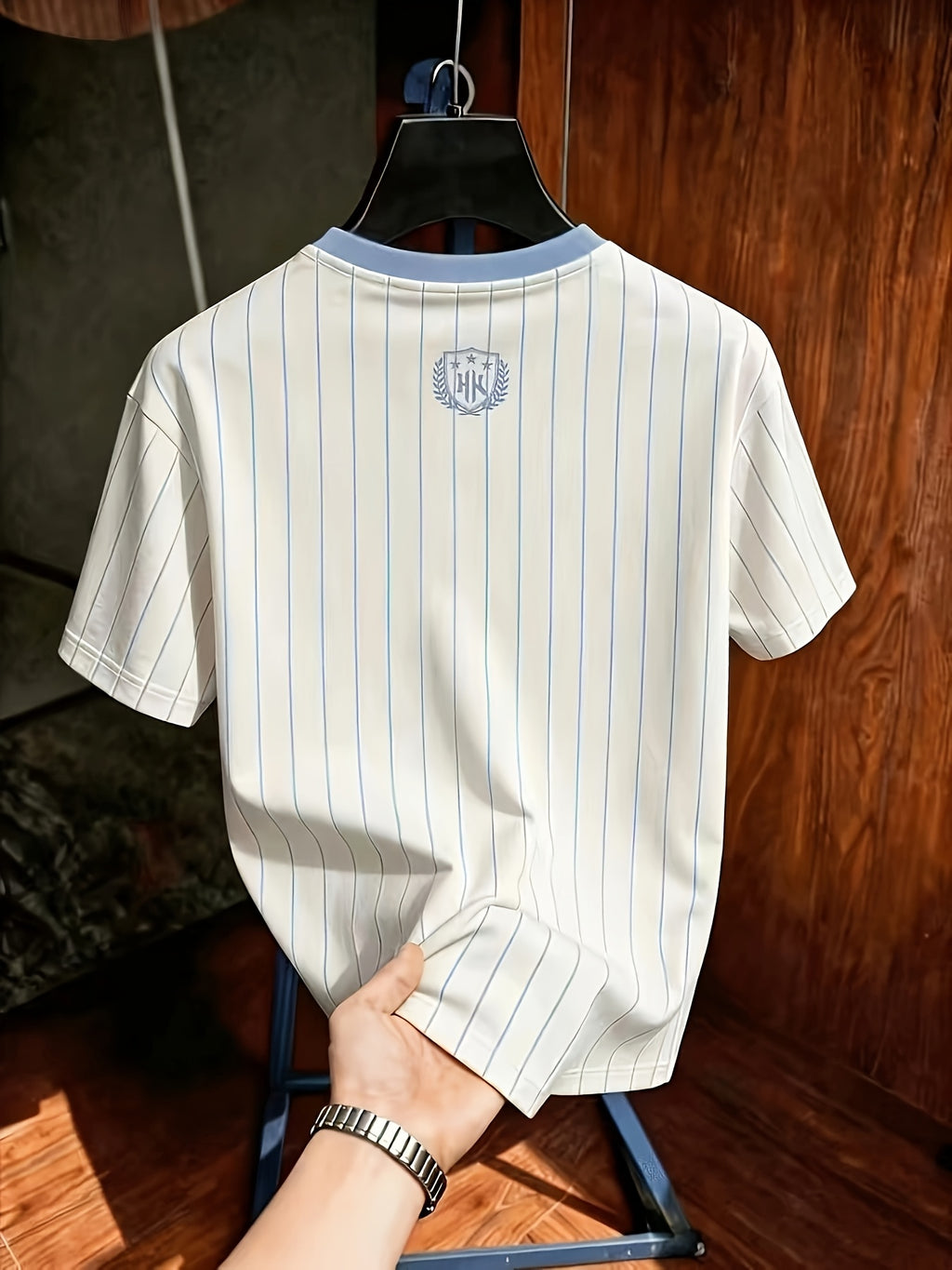 Men's Summer Casual Striped T-Shirt with Contrast Shoulder Stripes & Wheat Ear Shield Print - Breathable Crew Neck Short Sleeve Top, Suitable for Warm Weather, Machine Washable.com-compatible - Milky