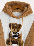 Men'S Bear Embroidered Hooded Plush Sweatshirt, National Trend Contrast Patchwork Thickened Warm Jacket, 3D Loose Winter -10°C Cold-Resistant Trendy Men'S Top - Khaki