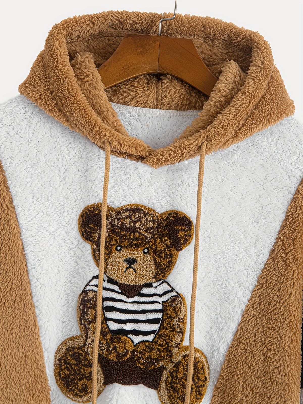 Men'S Bear Embroidered Hooded Plush Sweatshirt, National Trend Contrast Patchwork Thickened Warm Jacket, 3D Loose Winter -10°C Cold-Resistant Trendy Men'S Top - Khaki