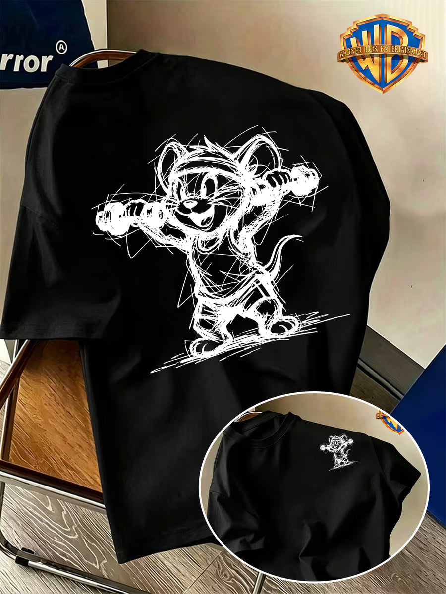Warner Bros. Official New Men's Short-Sleeve T-Shirt with Front and Back Print, Featuring a Hand-Drawn Graffiti Sketch of Hands Lifting Dumbbells for Fitness Training, Animated Cartoon Black and White Creative Design. Comfortable and Casual - Black