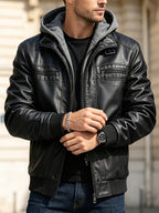 2026 New Fall Winter Men'S Faux Leather Hooded Jacket, Motorcycle Faux Leather Coat, Slim Fit Warm Outerwear with Multiple Zipper Pockets, Versatile Top for Daily Travel, Casual, Work Commute & Outdoor Activities - Black