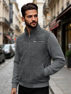 EXARUS Men's American-Style Stand Collar -Like Patchwork Jacket, Spring/Autumn Outerwear, Waffle Long Sleeve Color-Block Casual Top, European/American Outdoor Workwear Style Zipper Jacket. Features a -like Textured Body with Textured Sleeves - Grey