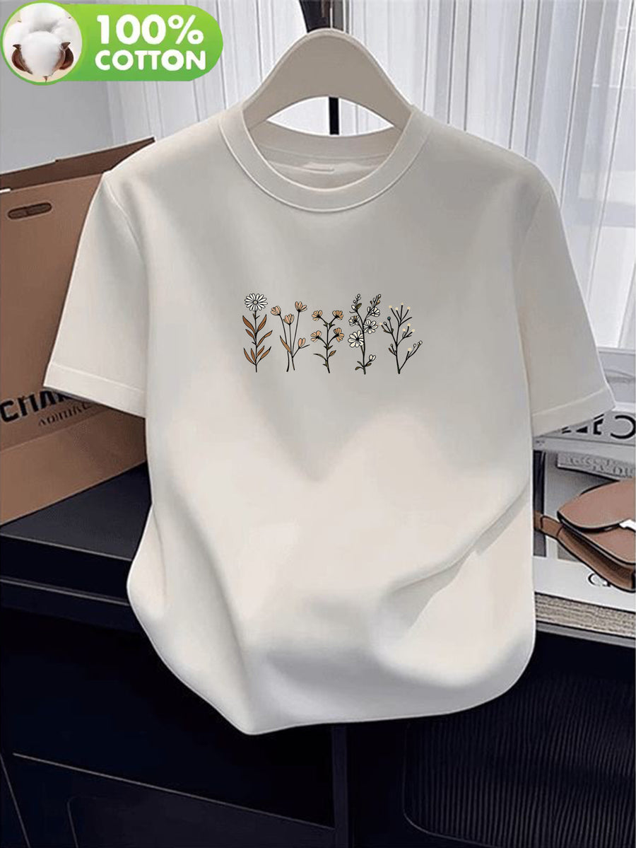 100% Women's T-Shirt, Summer Short Sleeve Thin Top, Trendy and Fashionable Standard Fit, Comfortable and Breathable, Loose and, Simple and Fresh with Plant and Floral Pattern - White