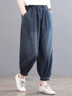 Women'S All-Season High-Waist Embroidered Loose Tummy-Control Distressed Casual Jeans, Fashion Elastic Waist Ankle-Cinching Straight Trousers, Lantern Pants, Harem Pants - Bright Steel Blue
