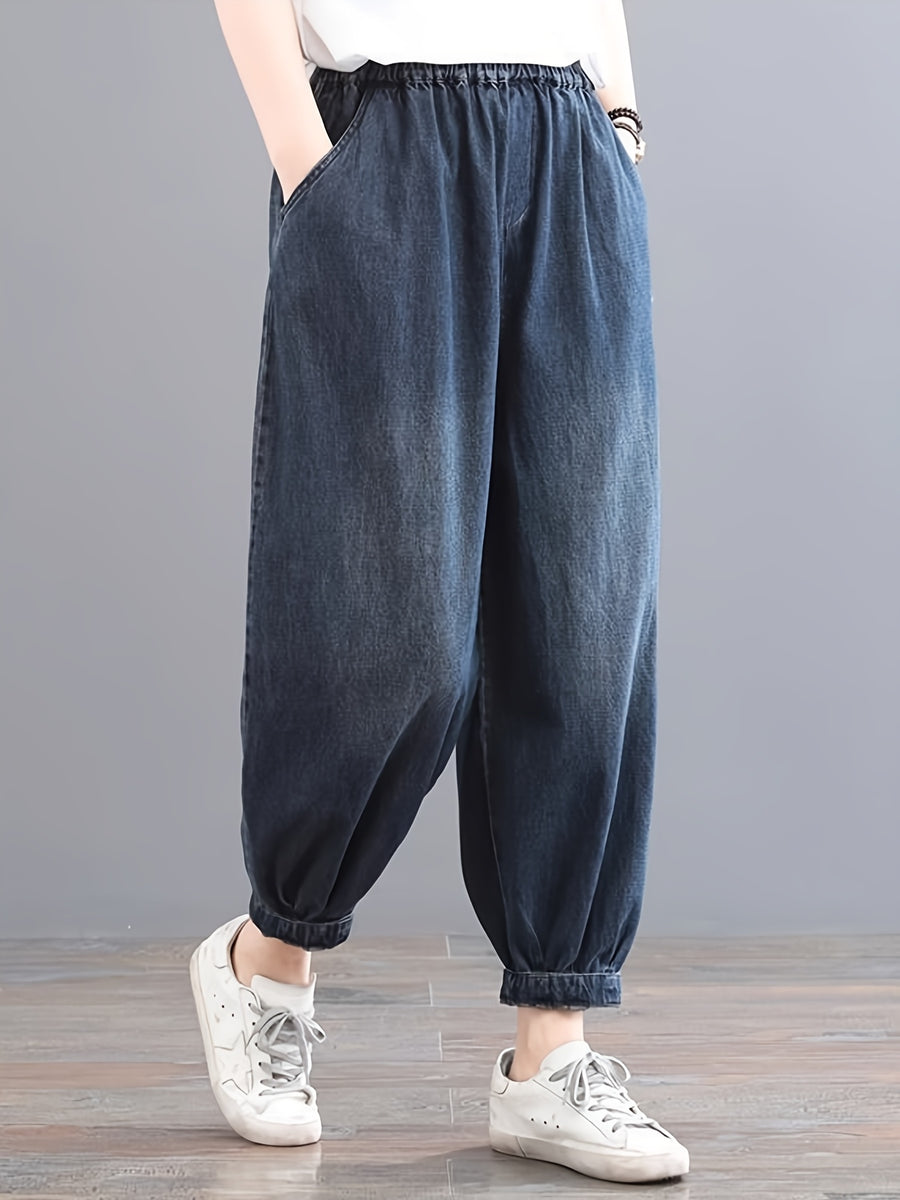 Women'S All-Season High-Waist Embroidered Loose Tummy-Control Distressed Casual Jeans, Fashion Elastic Waist Ankle-Cinching Straight Trousers, Lantern Pants, Harem Pants - Bright Steel Blue