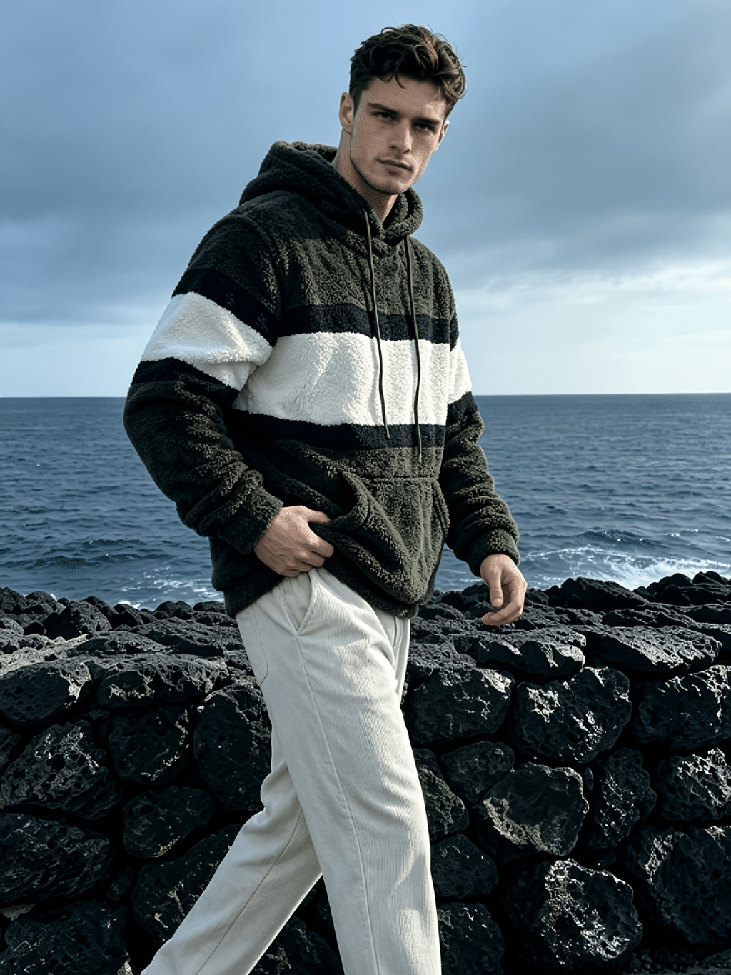 Dark Color Patchwork Hoodie - Olive Green