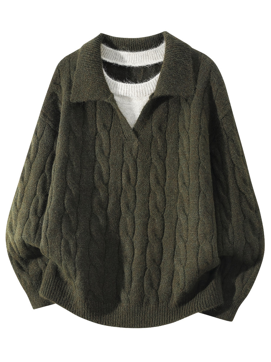 Autumn Winter Polo Neck Sweater Faux Two-Piece Pullover Knit Thick Inner Top - Grass Green