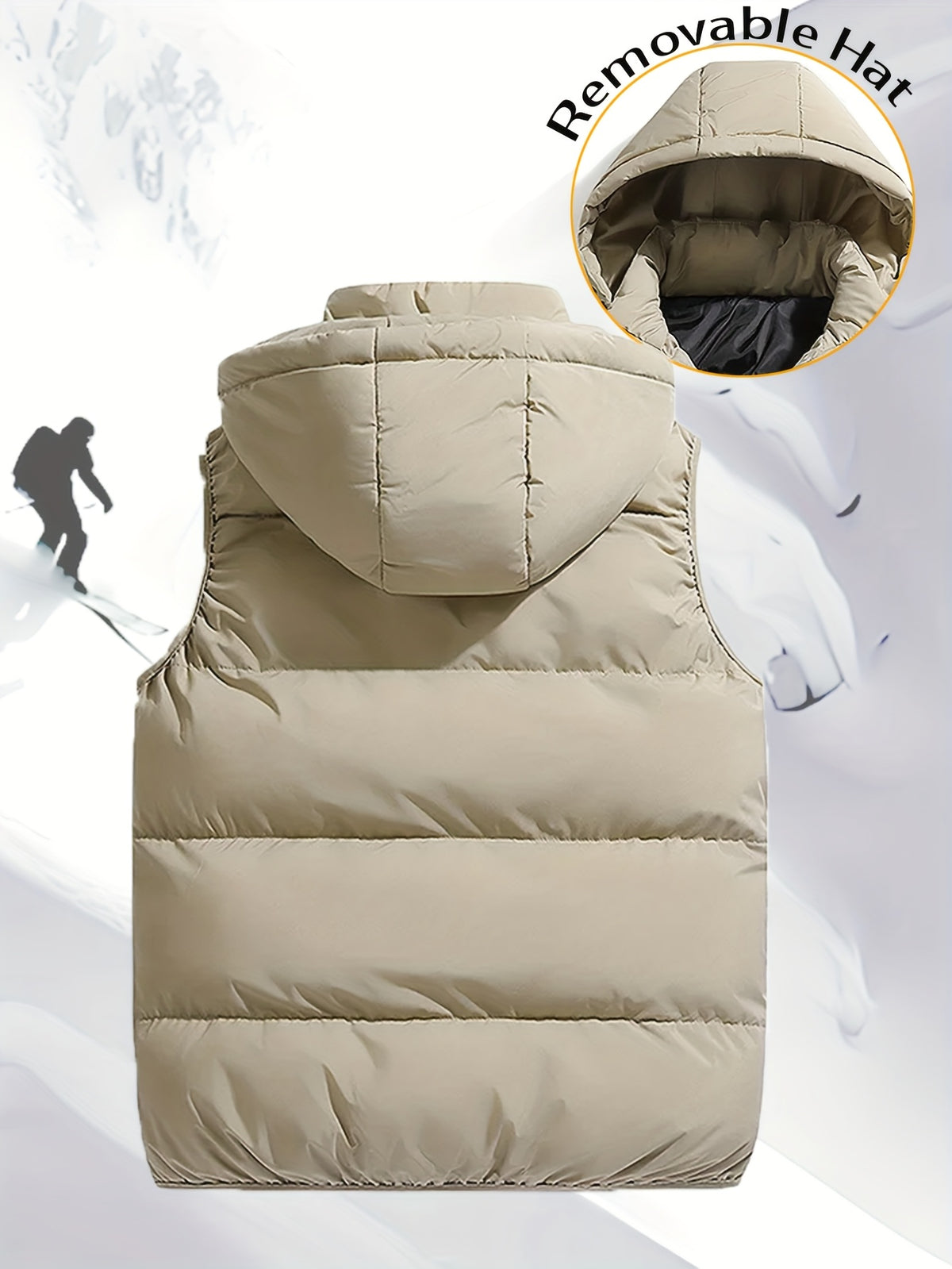 Men'S Autumn Winter Solid Color Vest, Outdoor Casual Fashion Thickened Waistcoat, Quilted Casual Warm Jacket with Removable Hood, Zippered Pockets, Men'S Cold Weather Jacket Top. Suitable for Multi-Scene Wear - Khaki