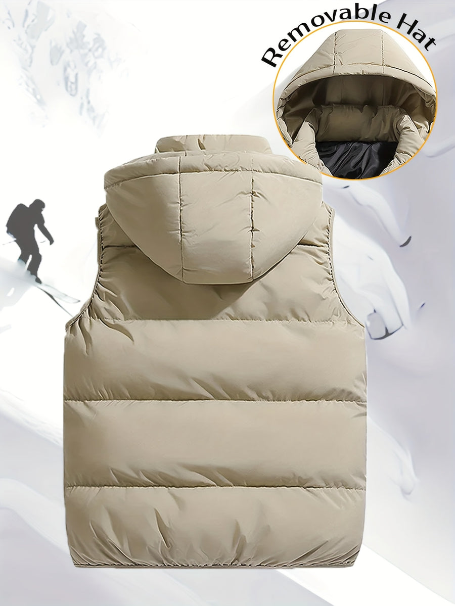Men'S Autumn Winter Solid Color Vest, Outdoor Casual Fashion Thickened Waistcoat, Quilted Casual Warm Jacket with Removable Hood, Zippered Pockets, Men'S Cold Weather Jacket Top. Suitable for Multi-Scene Wear - Khaki