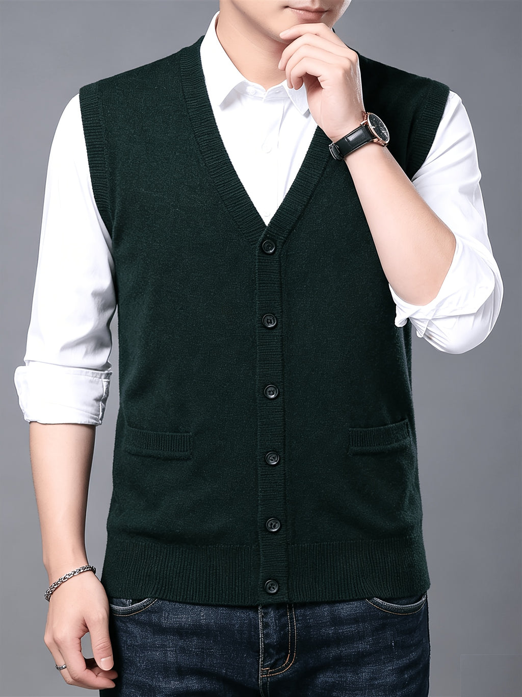 Autumn Winter Men'S Knit Cardigan Vest Men'S Casual Solid Color Pocketed Knit Vest Men'S V-Neck Open Front Sleeveless Sweater - Dark Green