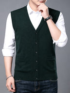 Autumn Winter Men'S Knit Cardigan Vest Men'S Casual Solid Color Pocketed Knit Vest Men'S V-Neck Open Front Sleeveless Sweater - Dark Green
