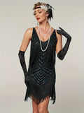1920S Vintage Sequin Cape Gatsby Flapper Dress Tassel Evening Party Dress for Women Sequined Dress with Beads Toast Small Formal Dress - Black
