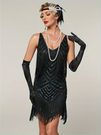 1920S Vintage Sequin Cape Gatsby Flapper Dress Tassel Evening Party Dress for Women Sequined Dress with Beads Toast Small Formal Dress - Black
