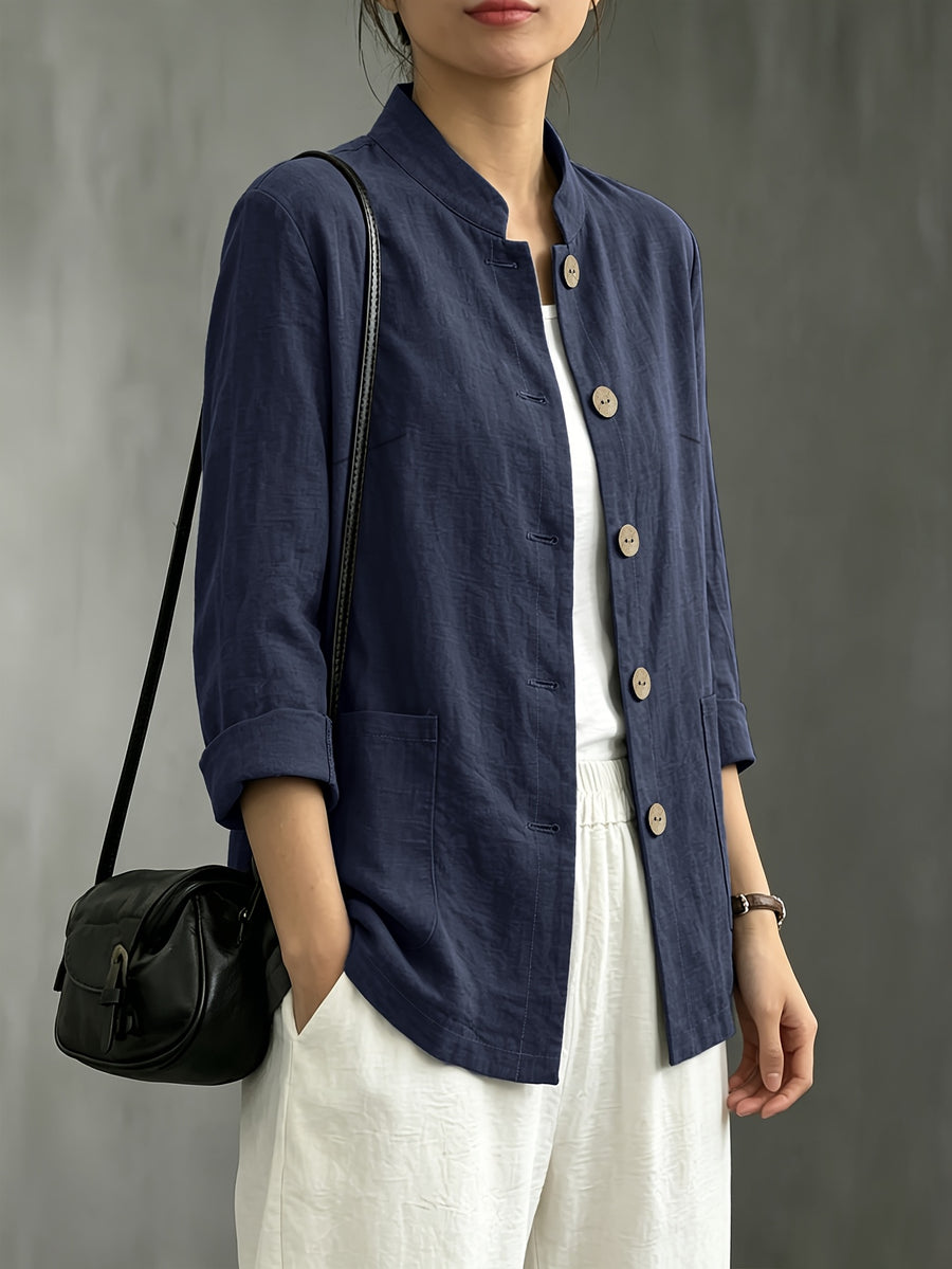 Chinese Style Small Lapel Three-Quarter Sleeve, Relaxed Style Breathable Casual Vacation All-Match Jacket - Navy Color