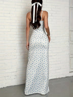Women's Vacation Floral Side-slit Ruffle Camisole Dress, Summer Women's Dress, Light Blue Dress - White