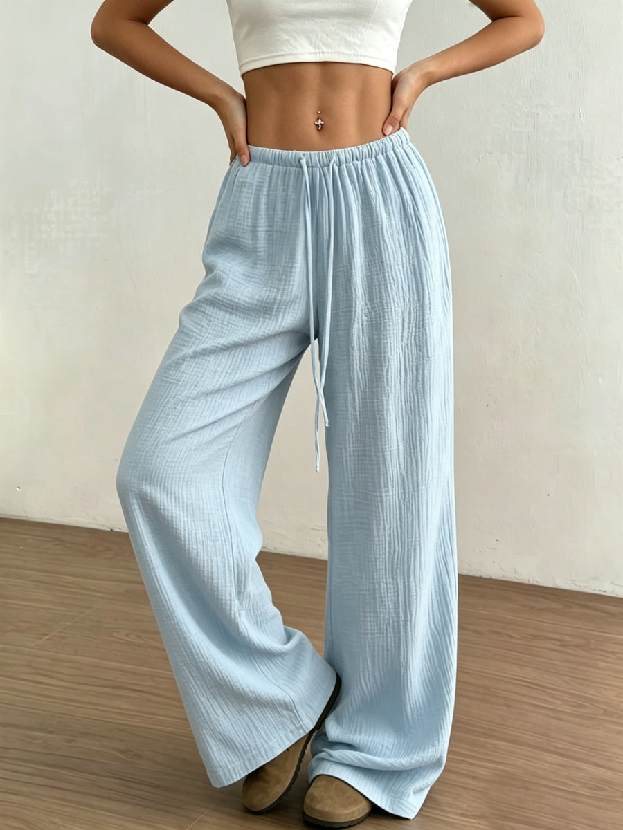 Women's Solid Color Wide-Leg Trousers - Elastic Waist Straight-Leg Pants with Adjustable Drawstring, Lightweight Loose Wide Pants Suitable for Spring Summer Fall, Casual Office Wear, Machine Washable Wide Leg Pants for Blouses - Light Blue