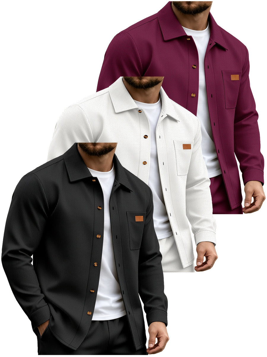 Men'S 3pcs Long Sleeve Shirt Set, Contrast Collar Faux Pocket Pullover Top, Casual Slim Fit Spring Autumn Daily Wear Shirt, Men'S Multi-Piece Outdoor Business Casual Attire - Multicolor 6