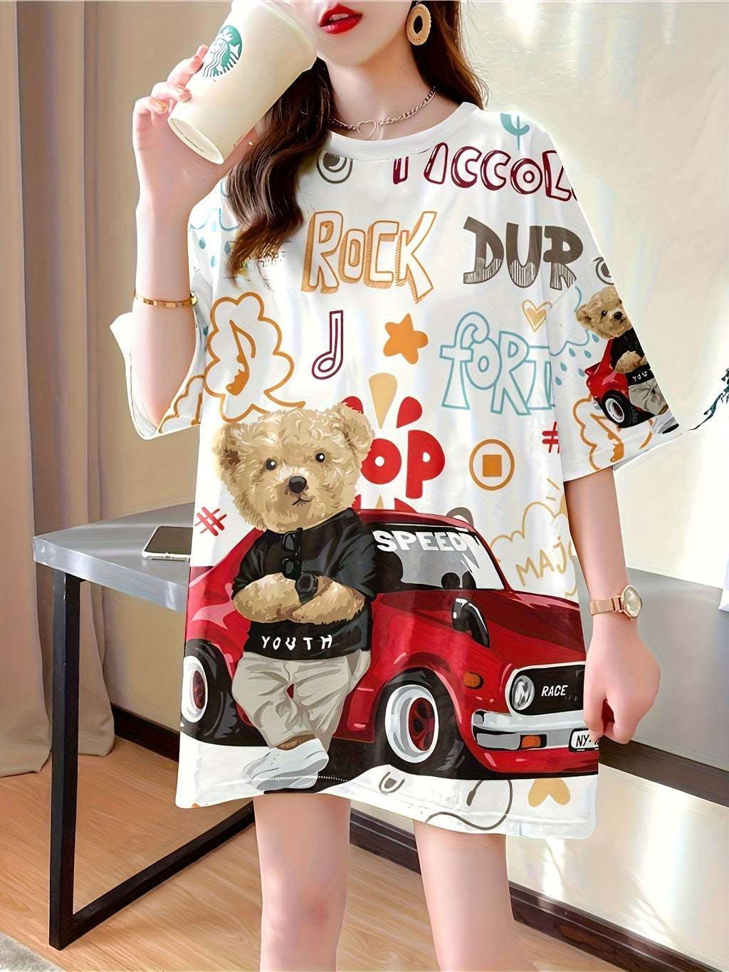 Summer New Large Size Loose Fashion Trend Slim Cartoon Round Neck Print Ladies Women's Medium and Long Short-sleeved T-shirt Clothes - White