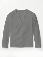 Henley Shirt Men'S Linen Long Sleeve Seasonal Lightweight Breathable V-Neck Loose Beach Vacation Casual Top - Grey