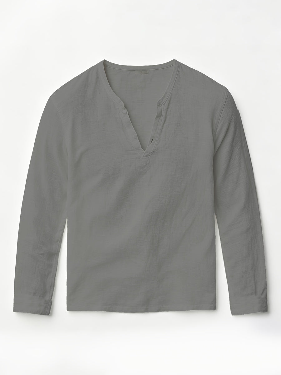 Henley Shirt Men'S Linen Long Sleeve Seasonal Lightweight Breathable V-Neck Loose Beach Vacation Casual Top - Grey