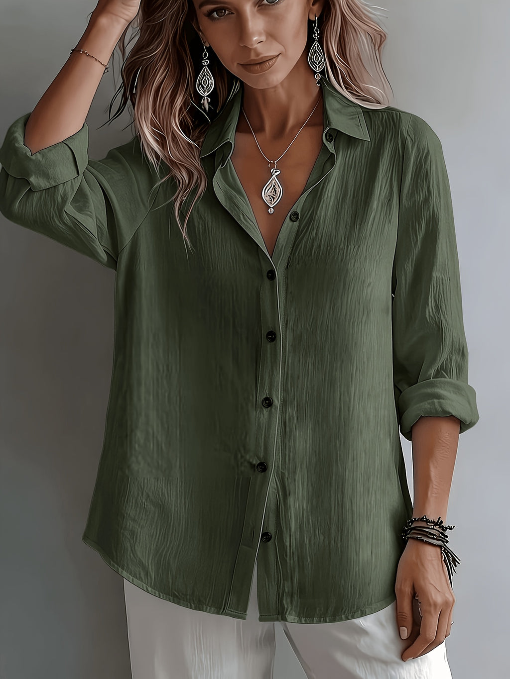BK260503047 Women'S Solid Color Shirt, Easy to Dry And Soft Texture, Elegant And, Commute Layering Versatile Shirt - Dark Green