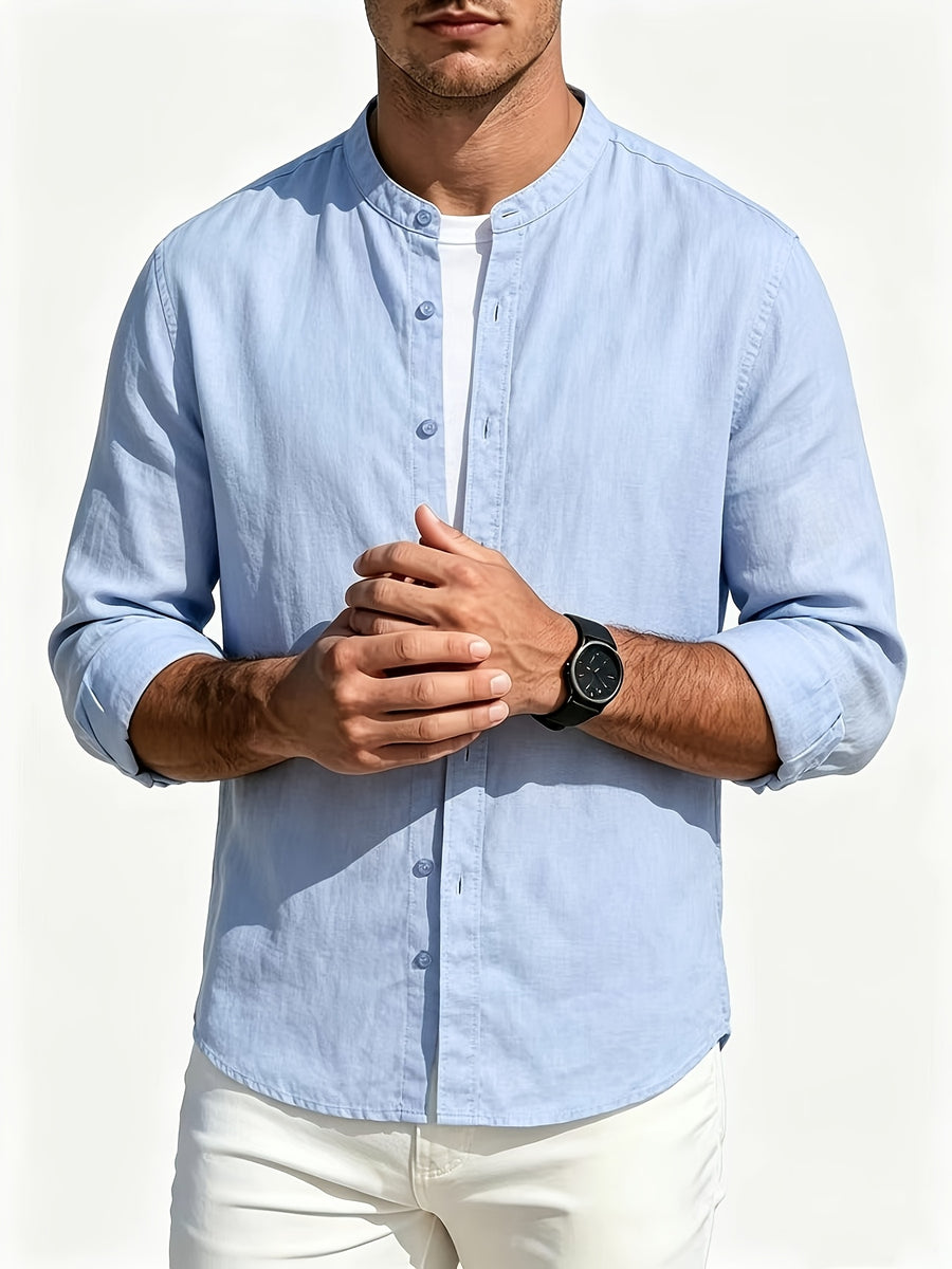Men's Casual Stand up Collar Long Sleeved Shirt, Simple Solid Color Versatile, Suitable for Both Business and Leisure, Daily Commuting Outerwear - Sky Blue
