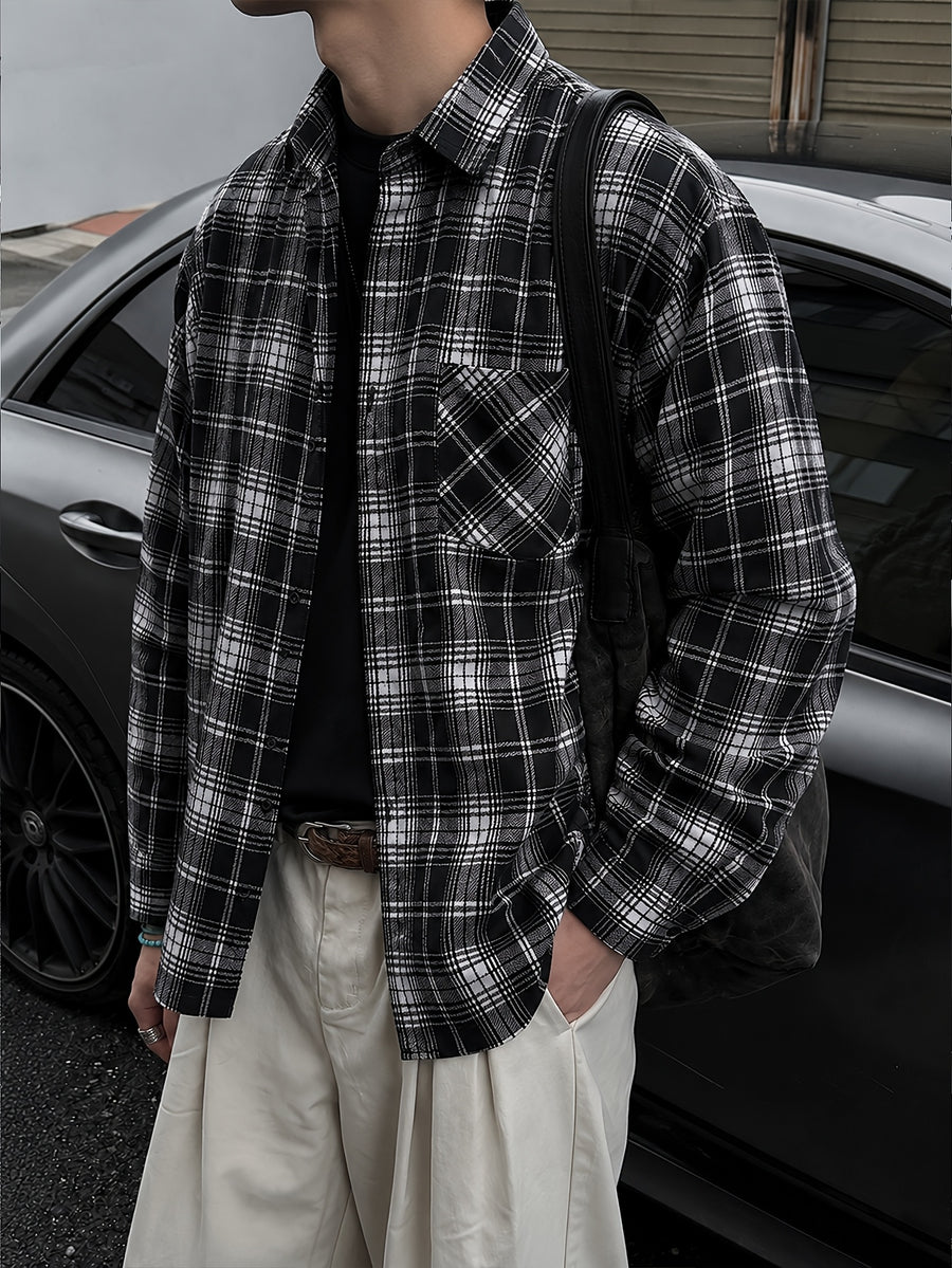 Men'S Vintage Plaid Long Sleeve Shirt, Loose Casual Button-Up Jacket Style Overshirt, Japanese Trendy Brand Lapel Checkered Shirt, Suitable for Outdoor Daily Wear in Spring, Autumn, And Winter - Black