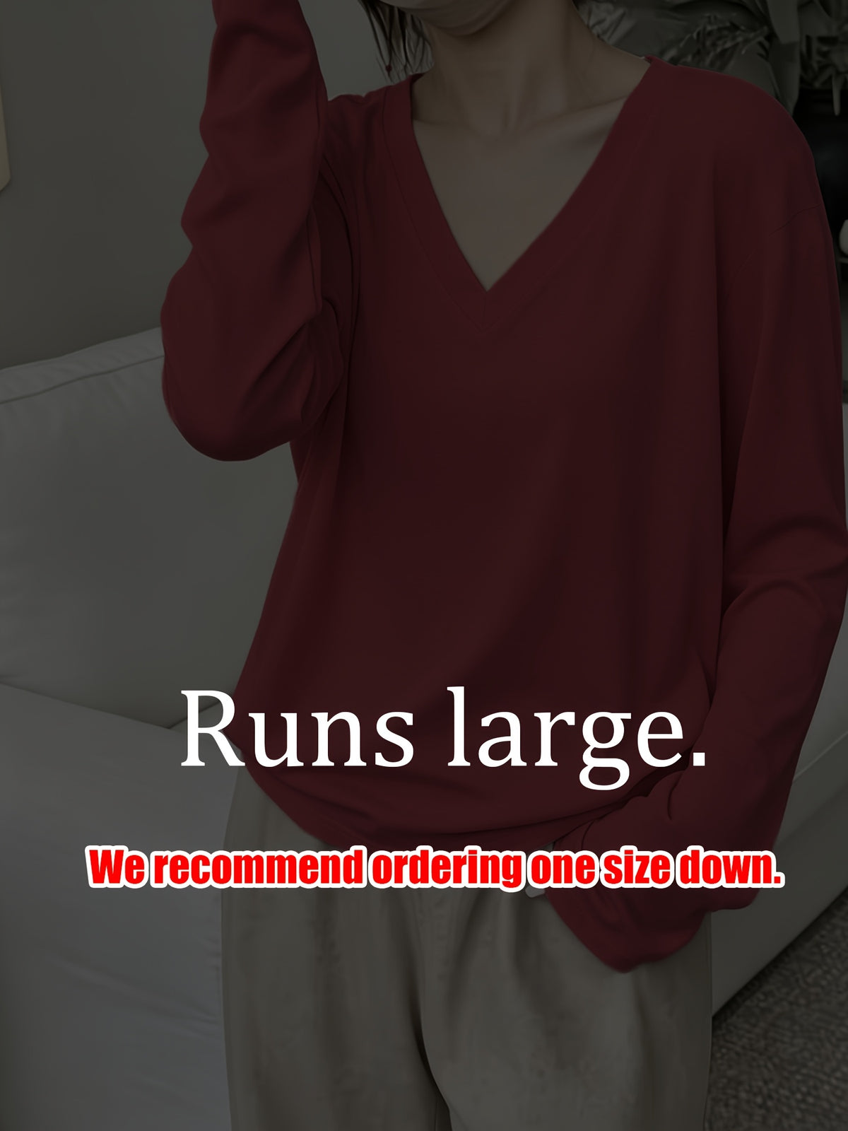 Loose Fit Drop Shoulder Sleeves Relaxed Style Women's Long Sleeve T-Shirt Polyester Women's Autumn Top Thin V-Neck Pullover Solid Color Basic Style Women's Casual Base Layer Spring/Autumn Women's Clothing Machine Washable, Not Dry Cleanable Autumn - Brick Red
