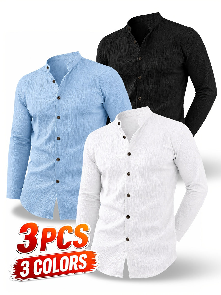 [Know And Give OBM] 3pcs Men'S Casual Long Sleeve Shirts - Lightweight Breathable Solid Color Stand Collar Summer Shirts, Adjustable Cuff with Double Buttons, Suitable for Beach Vacations, Pool Parties, And Outdoor Activities, Ideal Gift - White+blue+black