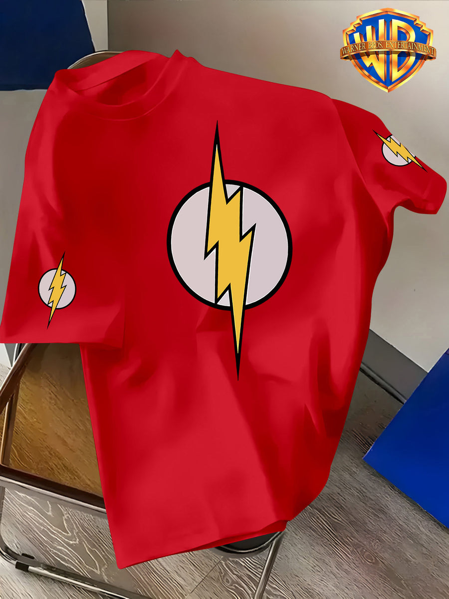 Warner Bros. Official Licensed DC Co-Branded The Flash Themed Printed T-Shirt, American Vintage Streetwear Washed Distressed Texture, Loose Fit Versatile Style, Suitable for Daily Outings and Outdoor Wear, Durable and Resistant to Deformation - Red