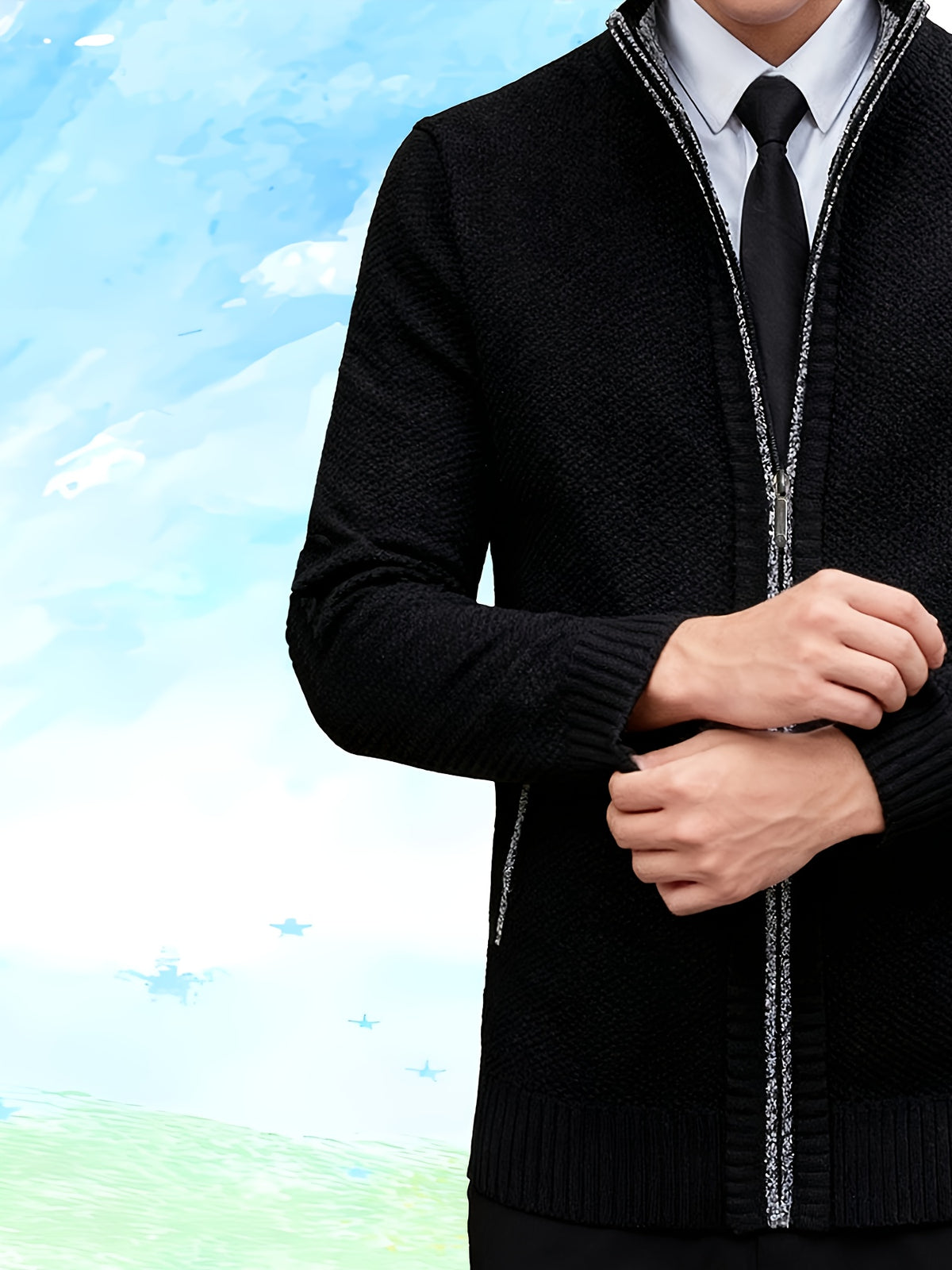 Autumn and Winter Casual Sweater Cardigan Jacket for Men, Thick Zipper Jacket with a Slightly Loose Three-dimensional Cut, Hiding Flesh and Slimming Without Dragging, Easily Creating a Fashionable Business Image (only Includes 1 Jacket) - Black
