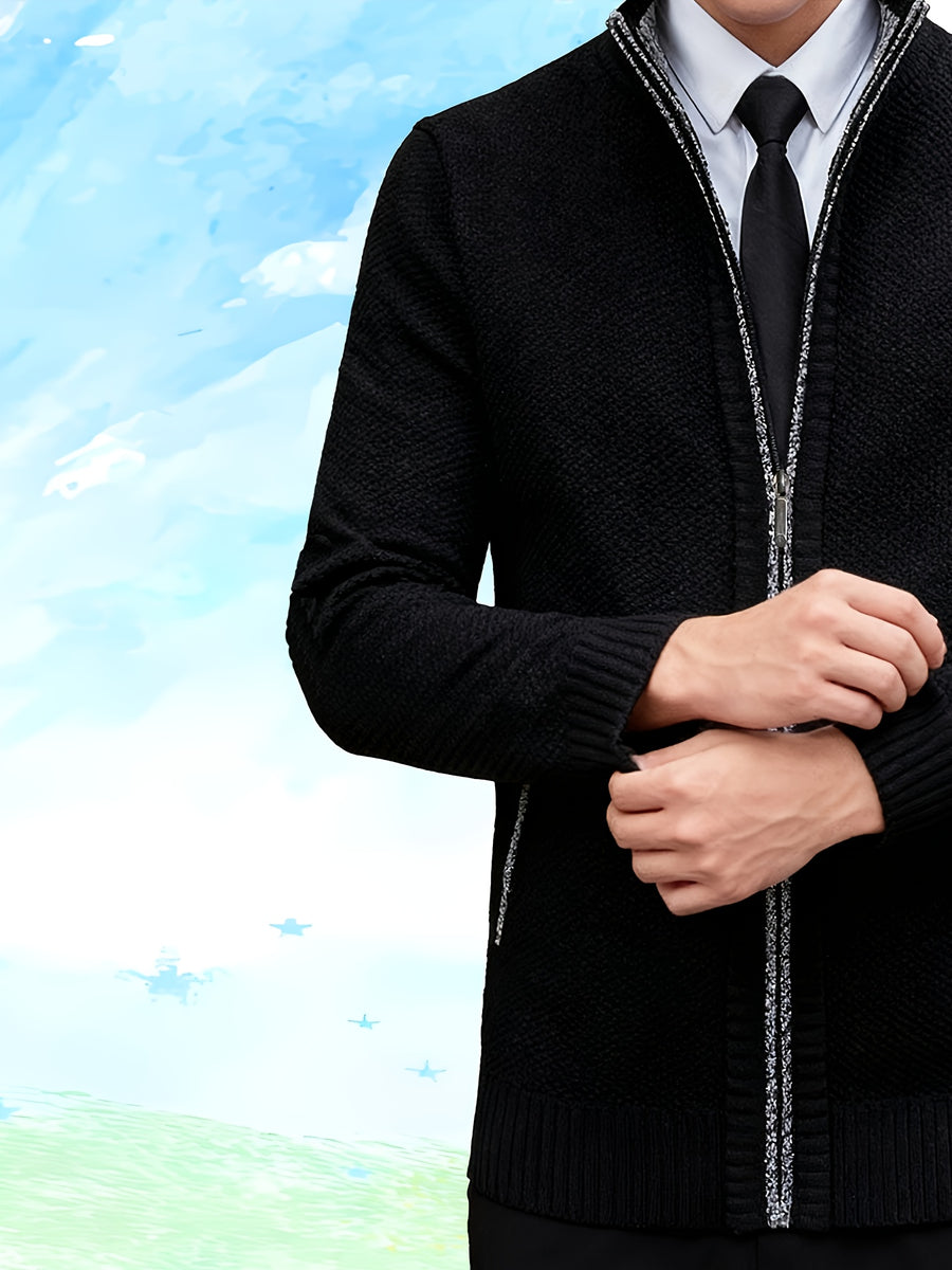 Autumn and Winter Casual Sweater Cardigan Jacket for Men, Thick Zipper Jacket with a Slightly Loose Three-dimensional Cut, Hiding Flesh and Slimming Without Dragging, Easily Creating a Fashionable Business Image (only Includes 1 Jacket) - Black