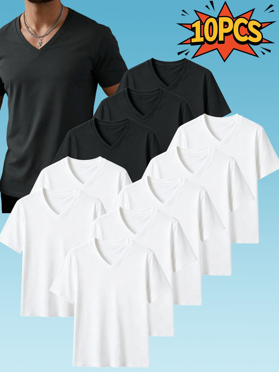 10pcs Men's Casual Knit Ribbed V-Neck T-Shirt / Soft and Comfortable Fabric / Short Sleeve / Solid Color / Crew Neck / Back-to-School Season, Casual Sporty Design Multi-pc Tops, Suitable for Summer Daily Wear - 7 white pieces + 3 dark gray pieces