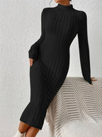 Solid Color Ribbed Bodycon Dress, Elegant High-Neck Long Sleeve Dress for Women - Black