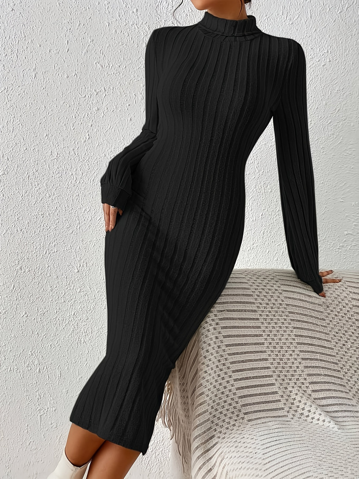 Solid Color Ribbed Bodycon Dress, Elegant High-Neck Long Sleeve Dress for Women - Black