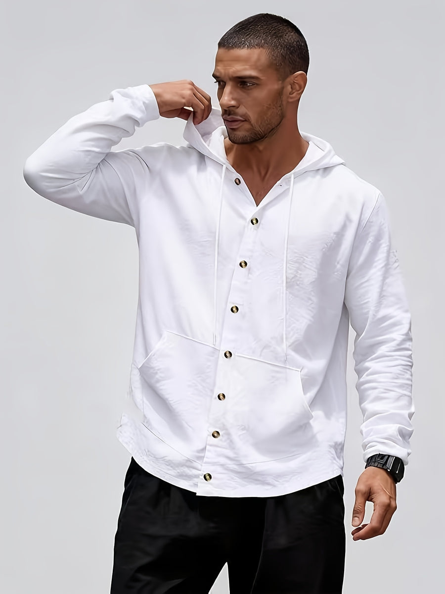 Men's Hooded Long-Sleeve Button-Up Casual Shirt with Pockets, Lightweight and Stylish Top - White
