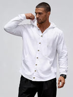 Men's Hooded Long-Sleeve Button-Up Casual Shirt with Pockets, Lightweight and Stylish Top - White