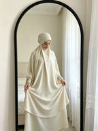 Casual Modest Outfit Set with Matching Head Wrap, Lightweight Breathable Loose Fit Puff Sleeve Top and Maxi Skirt for Everyday Use - Off-white